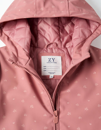 Parka de borracha acolchoada com capuz e flores para menina, rosa
