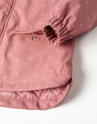 Parka de borracha acolchoada com capuz e flores para menina, rosa