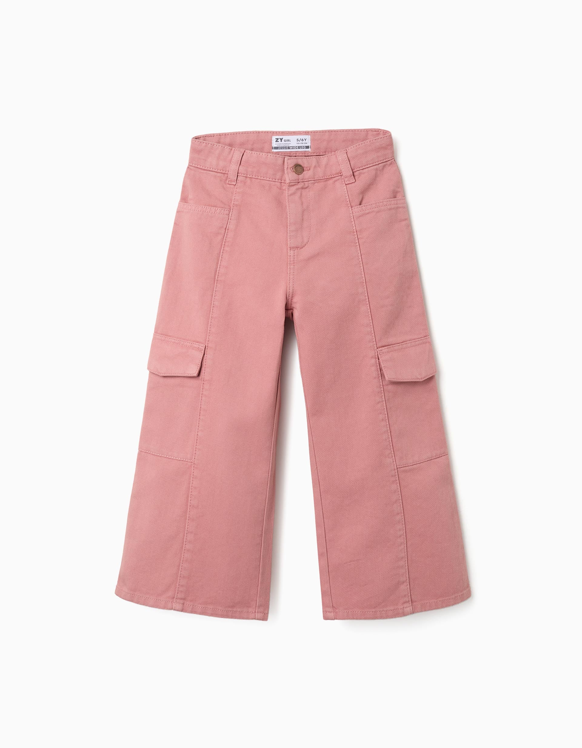 Pantalón de pierna ancha de sarga con bolsillos cargo para niña, rosa