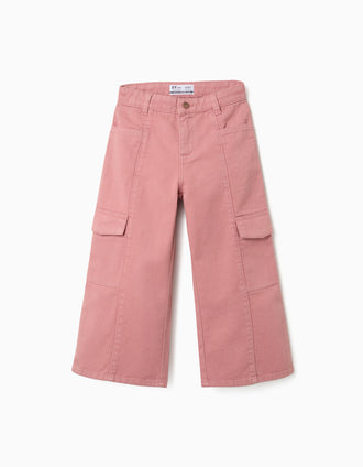 Pantalón de pierna ancha de sarga con bolsillos cargo para niña, rosa