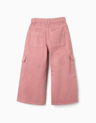 Pantalón de pierna ancha de sarga con bolsillos cargo para niña, rosa