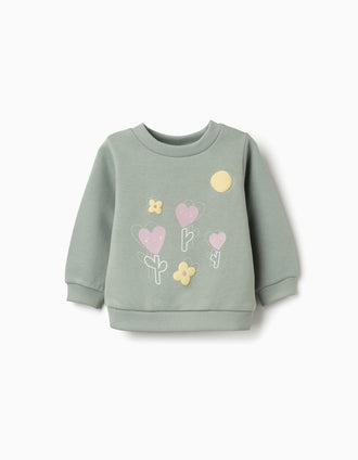 Sweat cardada com flores e corações para bebé menina, verde-escuro