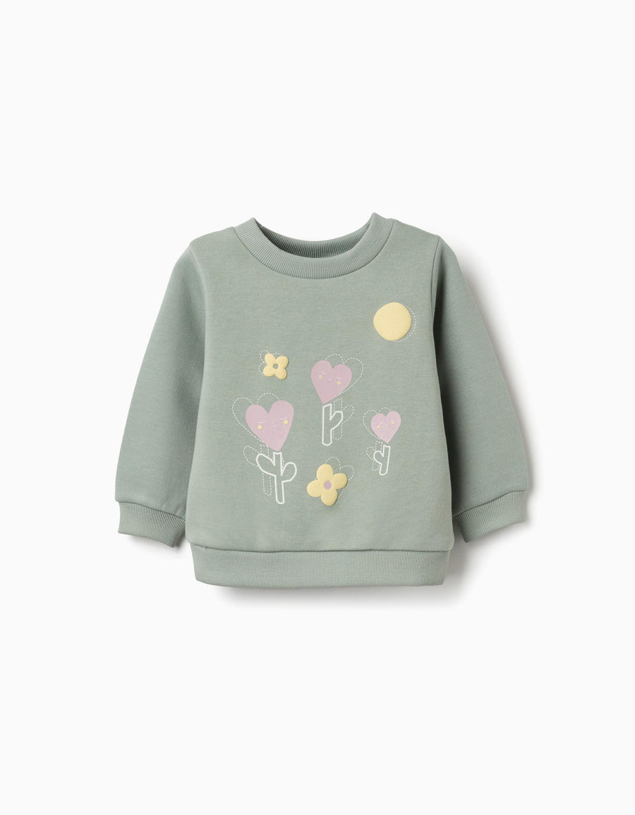 Brushed sweatshirt with flowers and hearts for baby girls, dark green