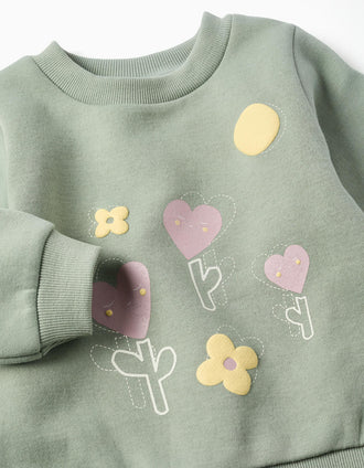 Sweat cardada com flores e corações para bebé menina, verde-escuro