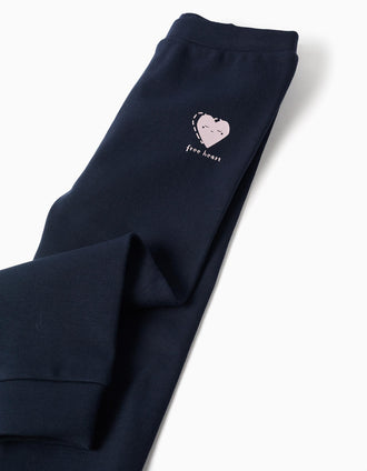 Calças cardadas com coração estampado para bebé menina, azul-escuro