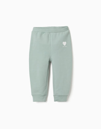 Calças cardadas com coração estampado para bebé menina, verde-claro