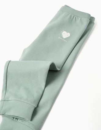 Calças cardadas com coração estampado para bebé menina, verde-claro