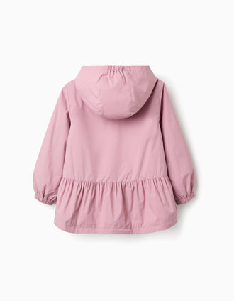 Casaco corta-vento com capuz e base com folhos para menina, rosa