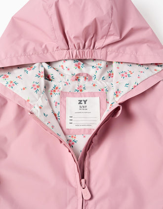 Casaco corta-vento com capuz e base com folhos para menina, rosa