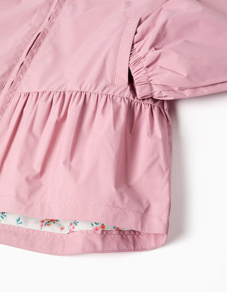Casaco corta-vento com capuz e base com folhos para menina, rosa
