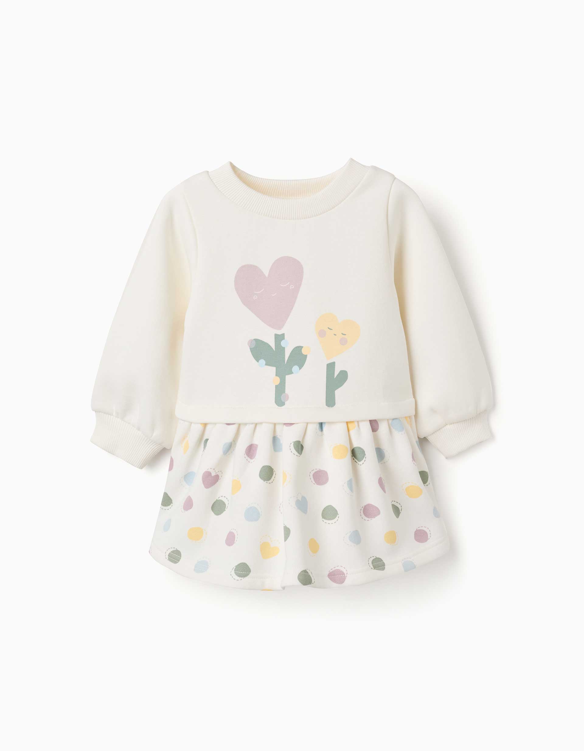 Vestido cardado com corações e bolinhas para bebé menina, branco