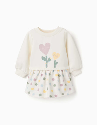 Vestido cardado com corações e bolinhas para bebé menina, branco