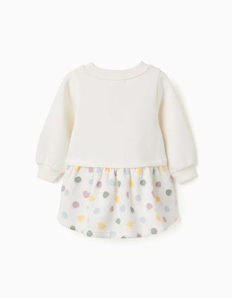 Vestido cardado com corações e bolinhas para bebé menina, branco