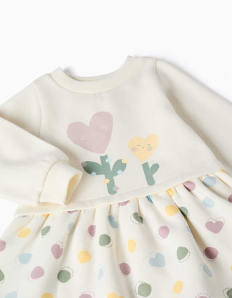 Vestido cardado com corações e bolinhas para bebé menina, branco