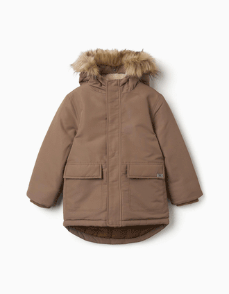 Parka con capucha y forro de sherpa para niño, marrón grisáceo
