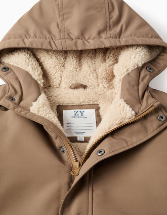Parka con capucha y forro de sherpa para niño, marrón grisáceo