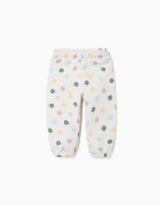 Calças de felpa cardada com padrão às bolinhas para bebé menina, branco