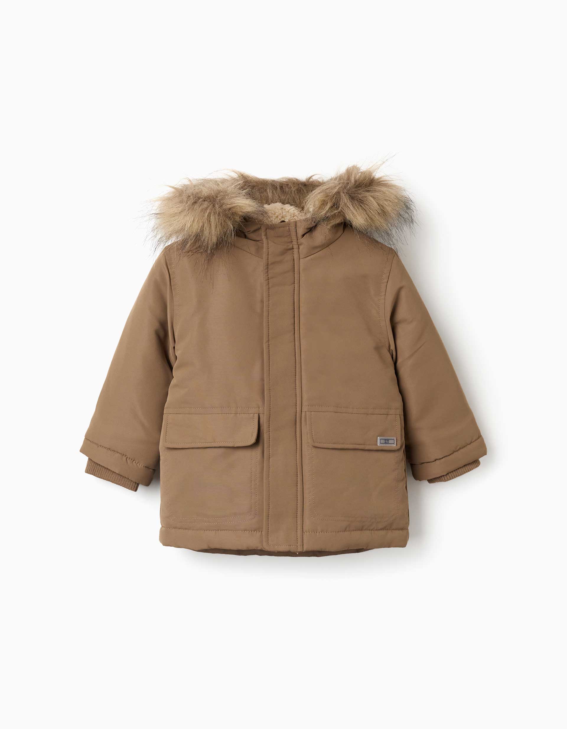 Hooded parka with sherpa lining for baby boys, greyish-brown