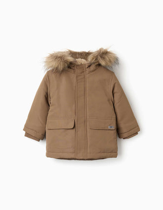 Hooded parka with sherpa lining for baby boys, greyish-brown