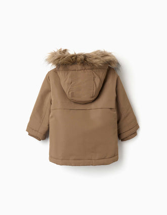Hooded parka with sherpa lining for baby boys, greyish-brown