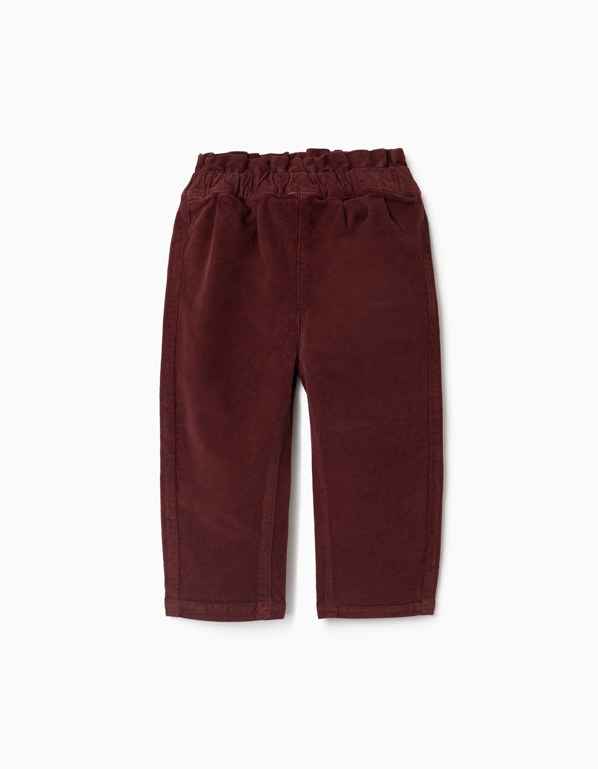 Corduroy trousers with ruffled paperbag waist for baby girls, burgundy