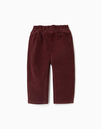 Corduroy trousers with ruffled paperbag waist for baby girls, burgundy