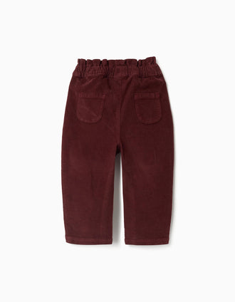 Corduroy trousers with ruffled paperbag waist for baby girls, burgundy