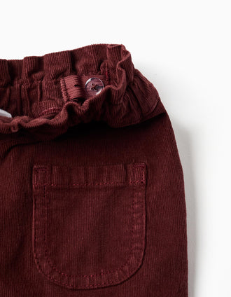 Corduroy trousers with ruffled paperbag waist for baby girls, burgundy