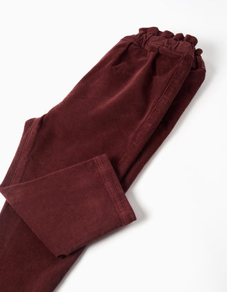 Corduroy trousers with ruffled paperbag waist for baby girls, burgundy