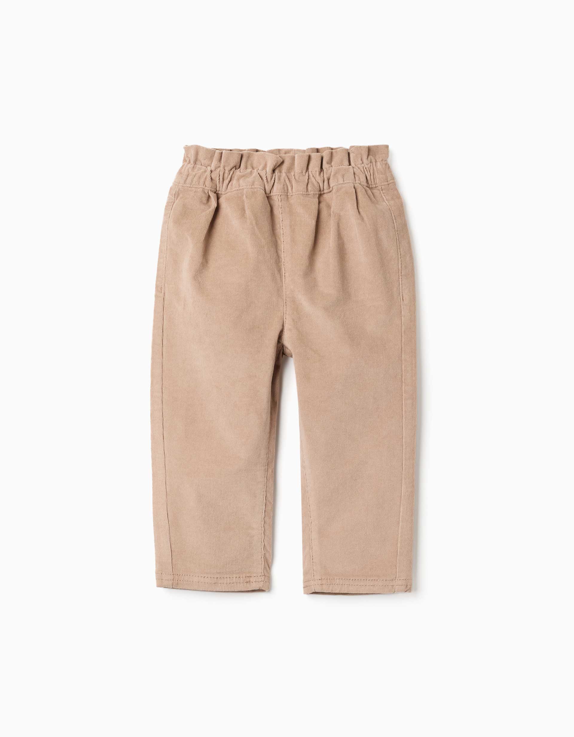 Corduroy trousers with ruffled paperbag waist for baby girls, beige