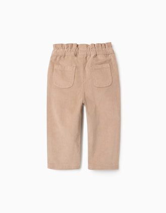 Corduroy trousers with ruffled paperbag waist for baby girls, beige