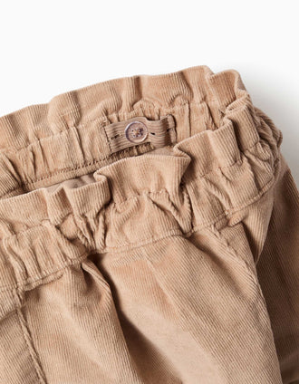 Corduroy trousers with ruffled paperbag waist for baby girls, beige