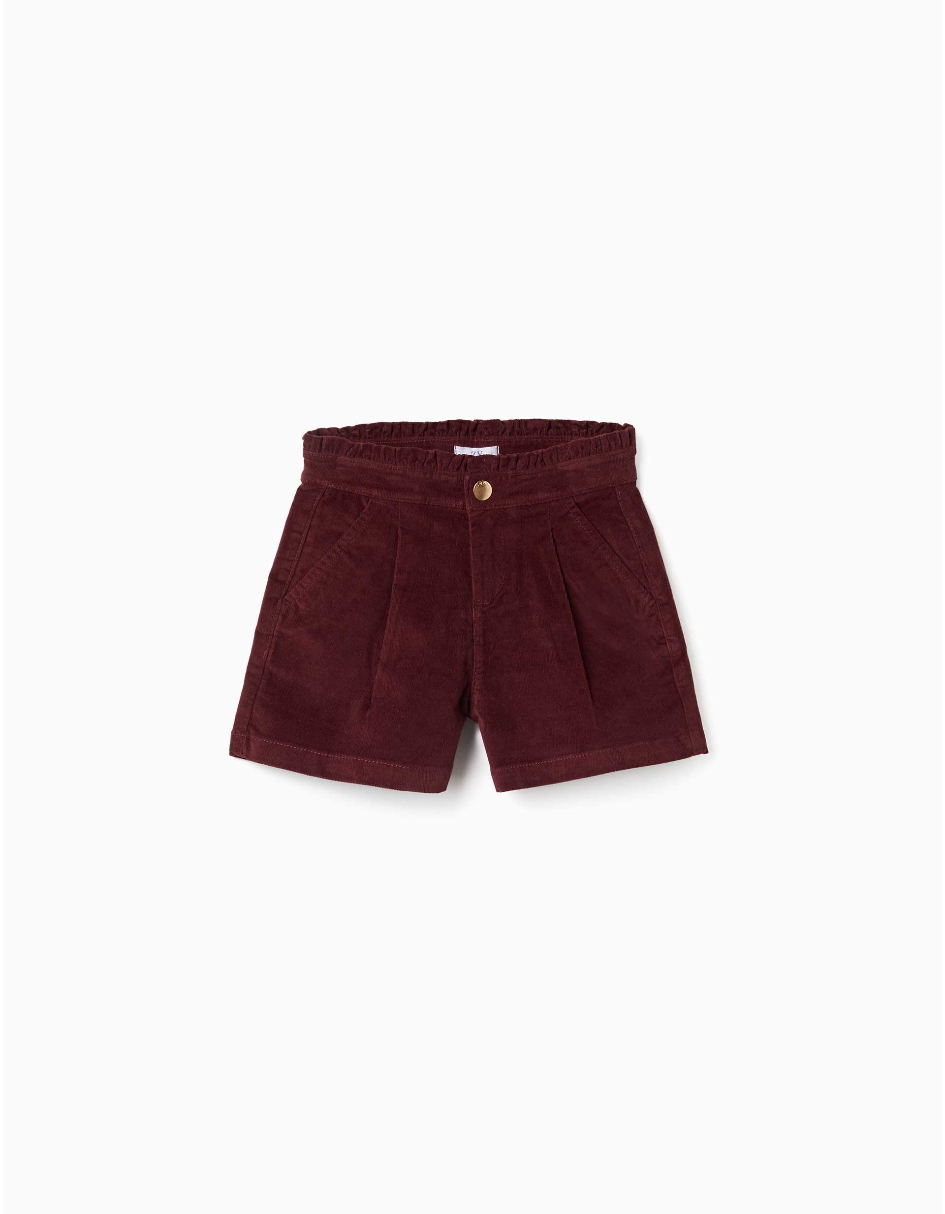 Short en velours côtelé avec taille paperbag à volants pour fille, bordeaux