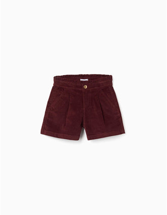 Short en velours côtelé avec taille paperbag à volants pour fille, bordeaux