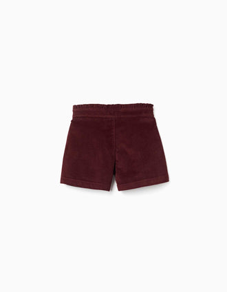 Short en velours côtelé avec taille paperbag à volants pour fille, bordeaux