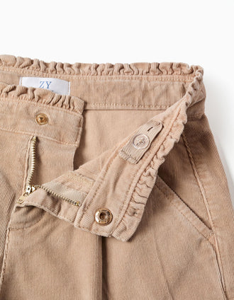 Short en velours côtelé avec taille paperbag à volants pour fille, beige