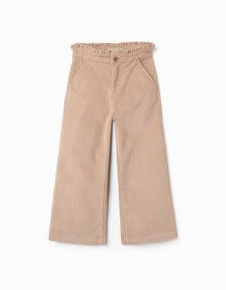 Pantalon en velours côtelé avec taille à volants pour fille, beige
