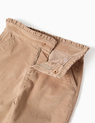 Pantalon en velours côtelé avec taille à volants pour fille, beige