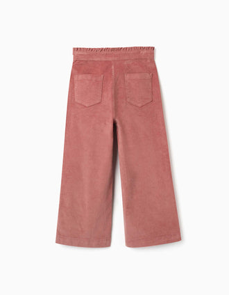 Pantalon en velours côtelé avec taille à volants pour fille, rose poudré