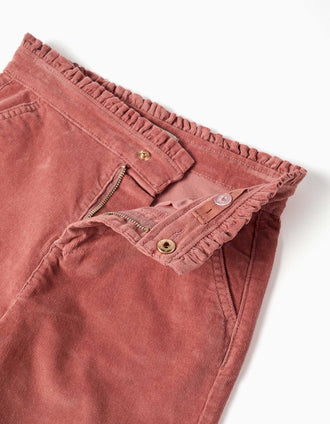 Pantalon en velours côtelé avec taille à volants pour fille, rose poudré