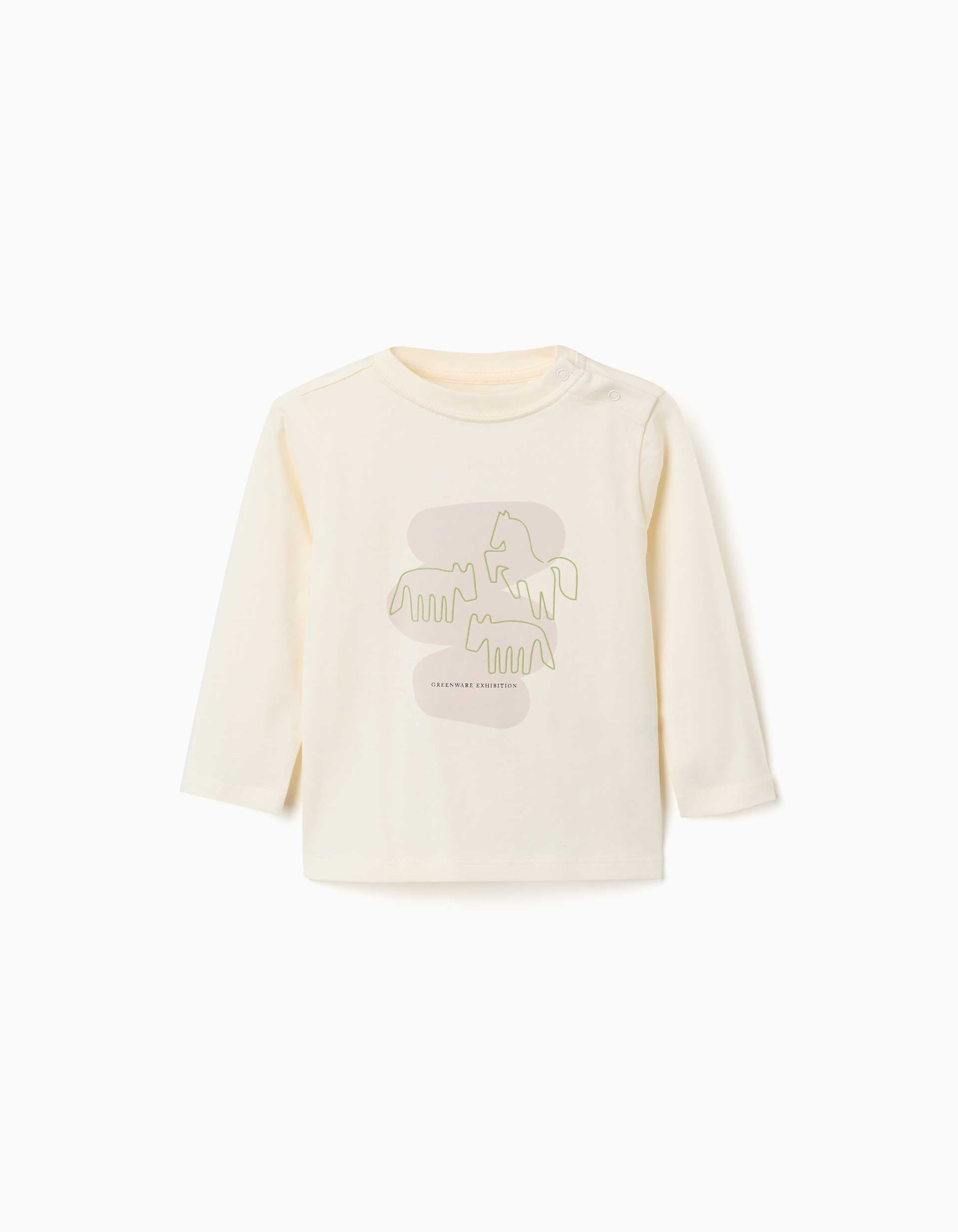 T-shirt de manga comprida com cavalos estampados para bebé menino, bege