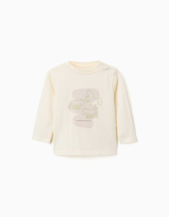 T-shirt de manga comprida com cavalos estampados para bebé menino, bege
