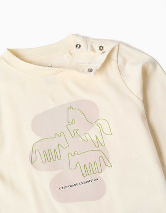 T-shirt de manga comprida com cavalos estampados para bebé menino, bege