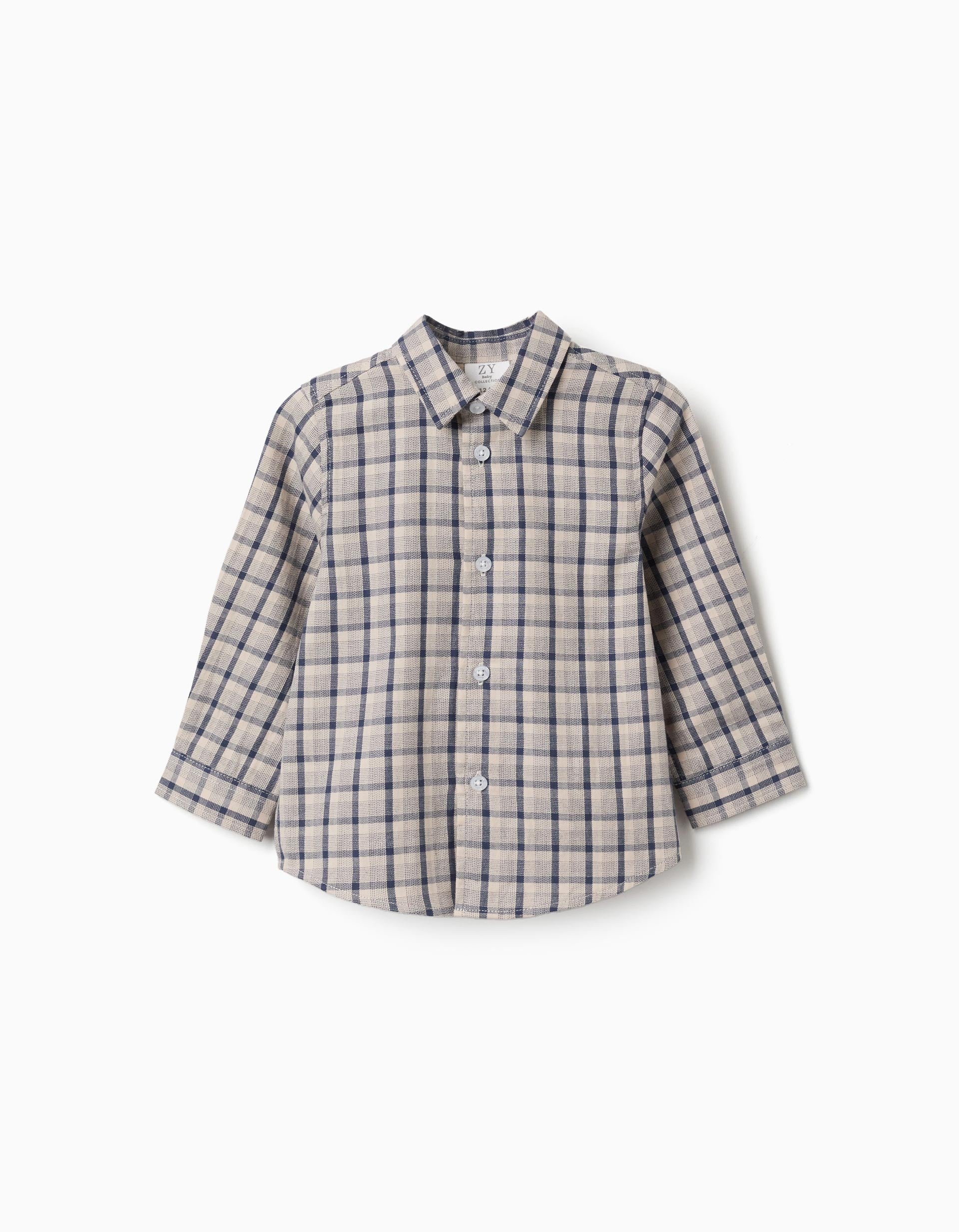 Camisa de manga larga de algodón a cuadros para bebé niño, azul/beige