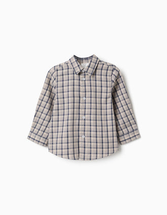 Camisa de manga larga de algodón a cuadros para bebé niño, azul/beige