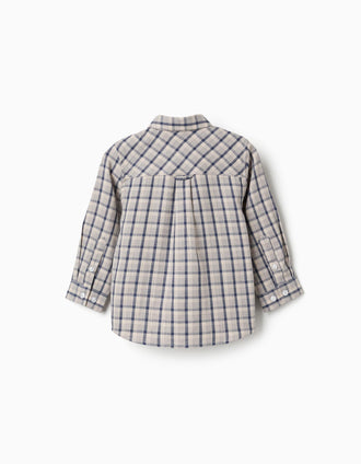 Camisa de manga larga de algodón a cuadros para bebé niño, azul/beige