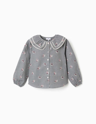 Chemise en coton Vichy à imprimé floral pour fille, blanc/bleu marine