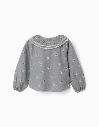 Chemise en coton Vichy à imprimé floral pour fille, blanc/bleu marine