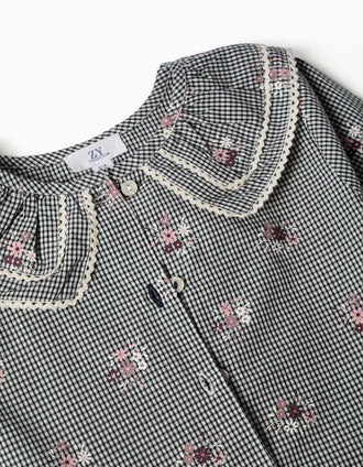 Chemise en coton Vichy à imprimé floral pour fille, blanc/bleu marine