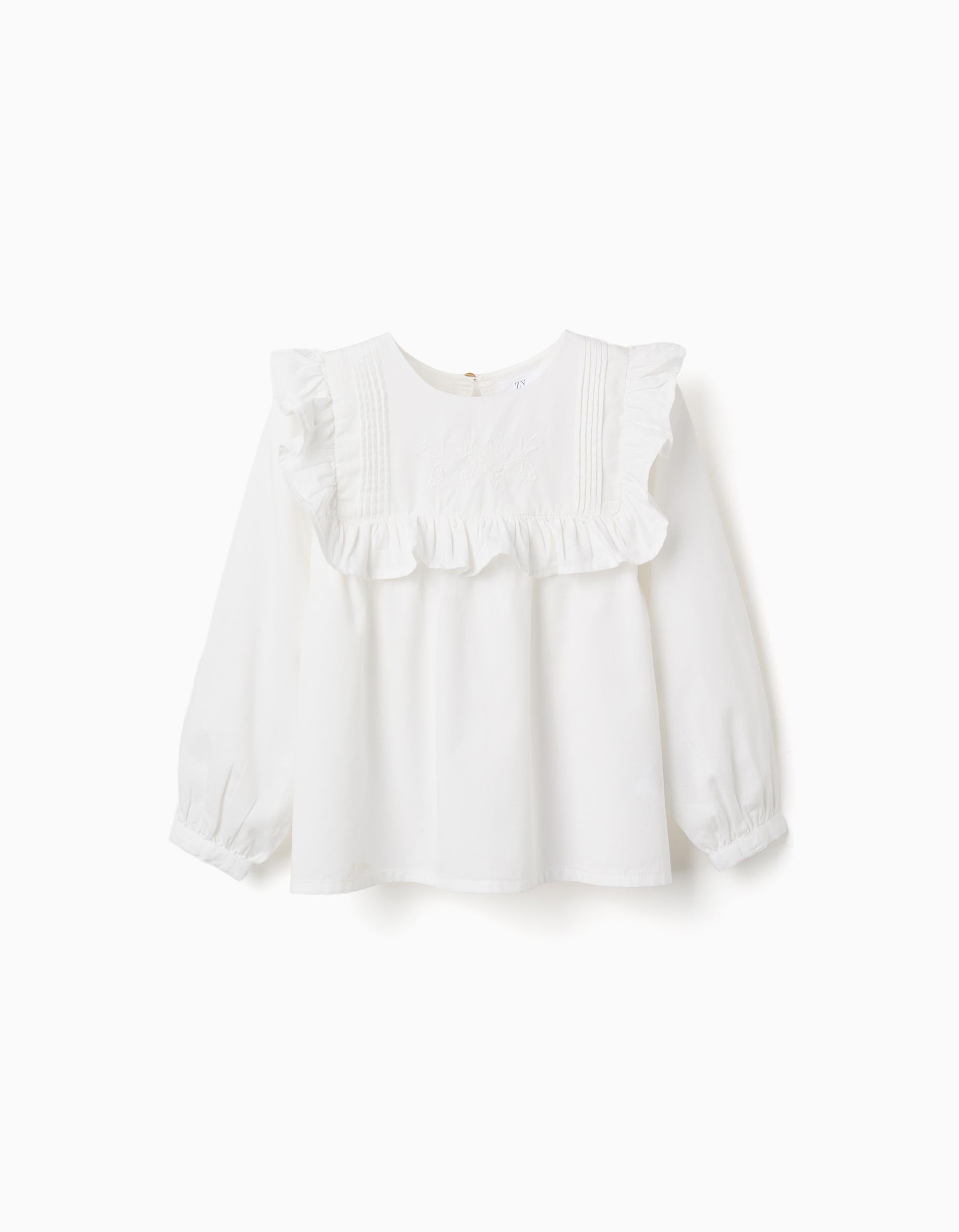 Blouse en coton à manches longues avec volants pour fille, blanc
